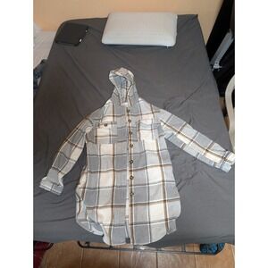One 5 One Thick outer‎ plaid hooded pocket long sleeved Plaid Button Up- Large